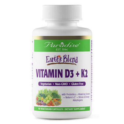 Paradise Herbs Earth&#39;s Blend Vitamin D3 + K2, Superfoods Base of Probiotics and Organic Alkalizing Greens, Veggies &amp; Berries, 90 Vegetarian Capsules