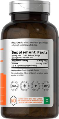 Horbach Vitamin E 1000 IU Softgel Capsules | 200 Count | Non-GMO, Gluten Free, Preservative Free | Vitamin E Oil