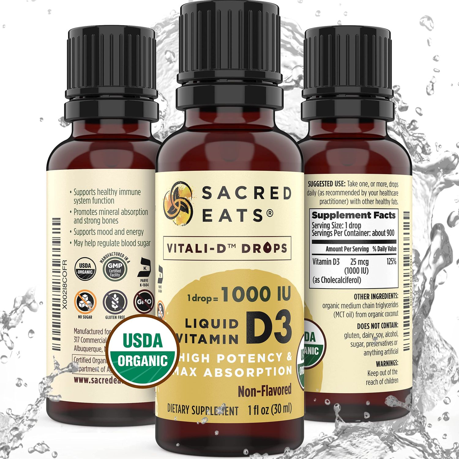 Organic Liquid Vitamin D Drops for Kids &amp; Adults, Sugar Free. Easy to Use 1,000 IU/Drop in Coconut MCT Oil. Lasts Months, Best for High Doses. Max Absorption VIT D3 Supplement. No Taste (Flavorless)
