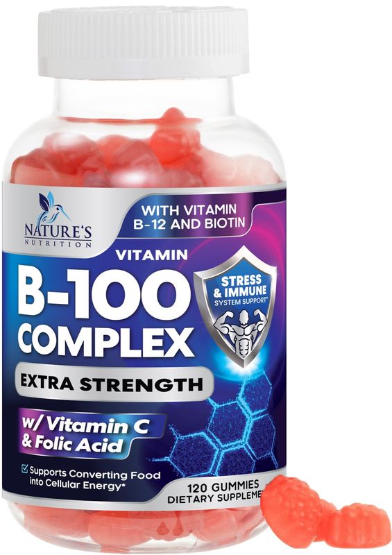 Super B Complex Gummy with Vitamin C &amp; Folic Acid, Extra Strength Vitamin B Gummies Supplement with Niacin, B6, Folic Acid, B12, Biotin, Nature's Energy Immune Support Supplements - 120 Gummies