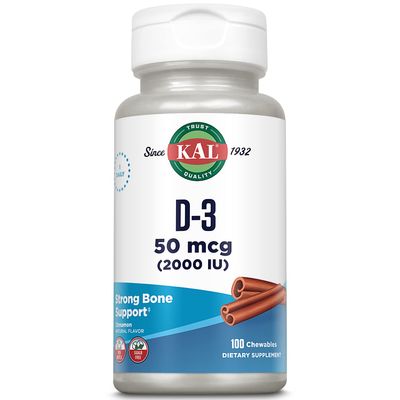 KAL Vitamin D3 Chewables 50 mcg, Vitamin D 2000 IU as Cholecalciferol, Sugar Free, Natural Cinnamon Flavor D3 Vitamin, Immune Support &amp; Bone Health, 100 Servings, 100 Chewables