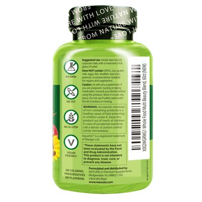 NATURELO Whole Food Multivitamin with Extra Hair, Skin and Nails Support - Beauty Blend with Hyaluronic Acid &amp; Grape Seed - High Potency Biotin, Vitamin C, and Glutathione - 60 Vegan Capsules