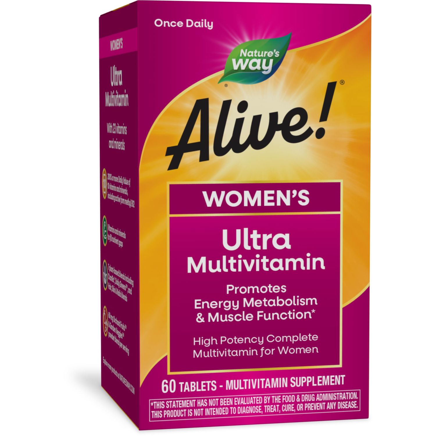Nature&#39;s Way Alive! Women&#39;s Daily Ultra Multivitamin, High Potency Formula, Promotes Energy Metabolism and Muscle Function*, with Methylated B12, 60 Tablets (Packaging May Vary)