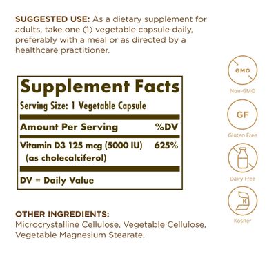 SOLGAR Vitamin D3 (Cholecalciferol) 125 mcg (5000 IU) - 60 Vegetable Capsules - Non-GMO, Gluten Free, Dairy Free - 60 Servings