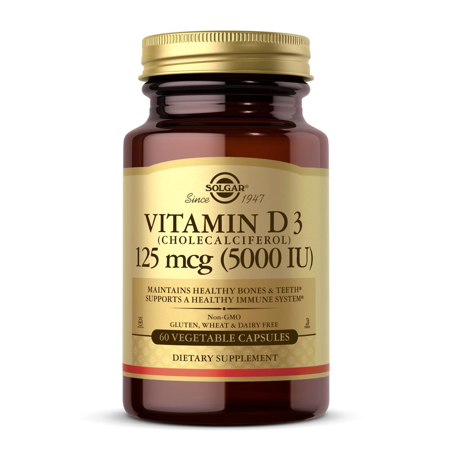 SOLGAR Vitamin D3 (Cholecalciferol) 125 mcg (5000 IU) - 60 Vegetable Capsules - Non-GMO, Gluten Free, Dairy Free - 60 Servings