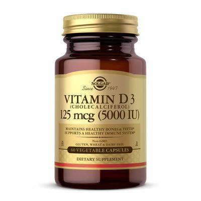 SOLGAR Vitamin D3 (Cholecalciferol) 125 mcg (5000 IU) - 60 Vegetable Capsules - Non-GMO, Gluten Free, Dairy Free - 60 Servings