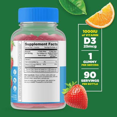 Lifeable Sugar Free Vitamin D for Kids 1000 IU - Great Tasting Natural Flavor Gummy Supplement - Gluten Free Vegetarian Chewable - for Strong and Healthy Bones, for Children, Teen, Toddler, 90 Gummies
