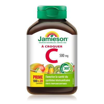 Jamieson Chewable Vitamin C 500 mg Exotic Tropical Fruit, 120ct, Imported from Canada)