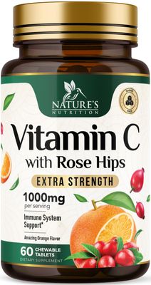Chewable Vitamin C 1000mg - Extra Strength Antioxidants for Powerful Immune Support w/Vitamin C &amp; Rose HIPS - Potent Dietary VIT C Chews Supplement, Natural, Vegan, Gluten-Free, Non-GMO - 120 Tablets
