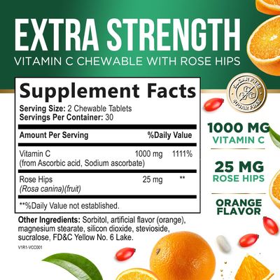 Chewable Vitamin C 1000mg - Extra Strength Antioxidants for Powerful Immune Support w/Vitamin C & Rose HIPS - Potent Dietary VIT C Chews Supplement, Natural, Vegan, Gluten-Free, Non-GMO - 120 Tablets