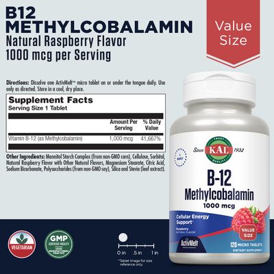 KAL Vitamin B12 Methylcobalamin 1000mcg, Healthy Energy, Metabolism, Nerve and Red Blood Cell Support, Fast Dissolve ActivMelt, High Absorption, Vegetarian, Natural Raspberry, 120 Serv, 120 Micro Tabs