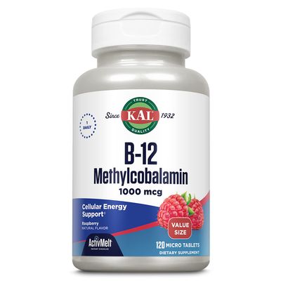 KAL Vitamin B12 Methylcobalamin 1000mcg, Healthy Energy, Metabolism, Nerve and Red Blood Cell Support, Fast Dissolve ActivMelt, High Absorption, Vegetarian, Natural Raspberry, 120 Serv, 120 Micro Tabs