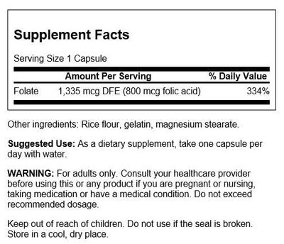 Swanson Folic Acid 800 mcg (1Vitamin 335 mcg Dfe Folate) 250 Capsules