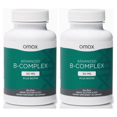 Omax3 2 Bottles - Advanced Vitamin B Complex 50MG with Biotin | Strong &amp; Shiny Hair, Skin Nails, Support Stress, Immunity, Energy Metabolism, 90 Capsules/per Bottle