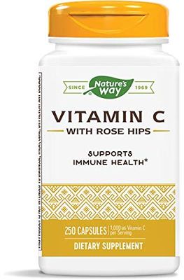 Nature&#39;s Way Vitamin C with Rose Hips, Powerful Antioxidant &amp; Immune Function Support from Vitamin C*, Promotes Collagen for Healthy Skin*, 1,000 mg Vitamin C per 2-Capsule Serving, 250 Capsules