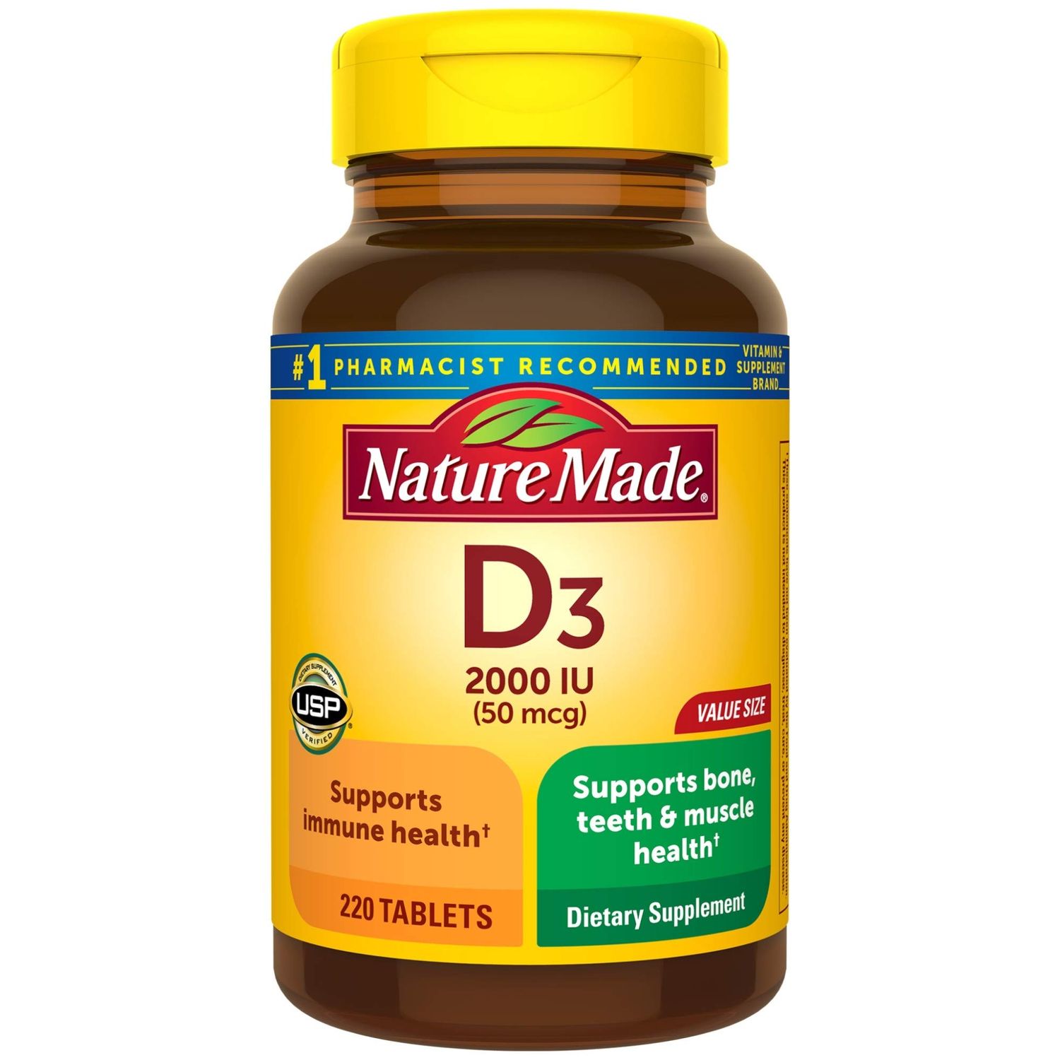 Vitamin D3, 220 Tablets, Vitamin D 2000 IU (50 mcg) Helps Support Immune Health, Strong Bones and Teeth, &amp; Muscle Function, 250% of Daily Value for Vitamin D in One Daily Tablet