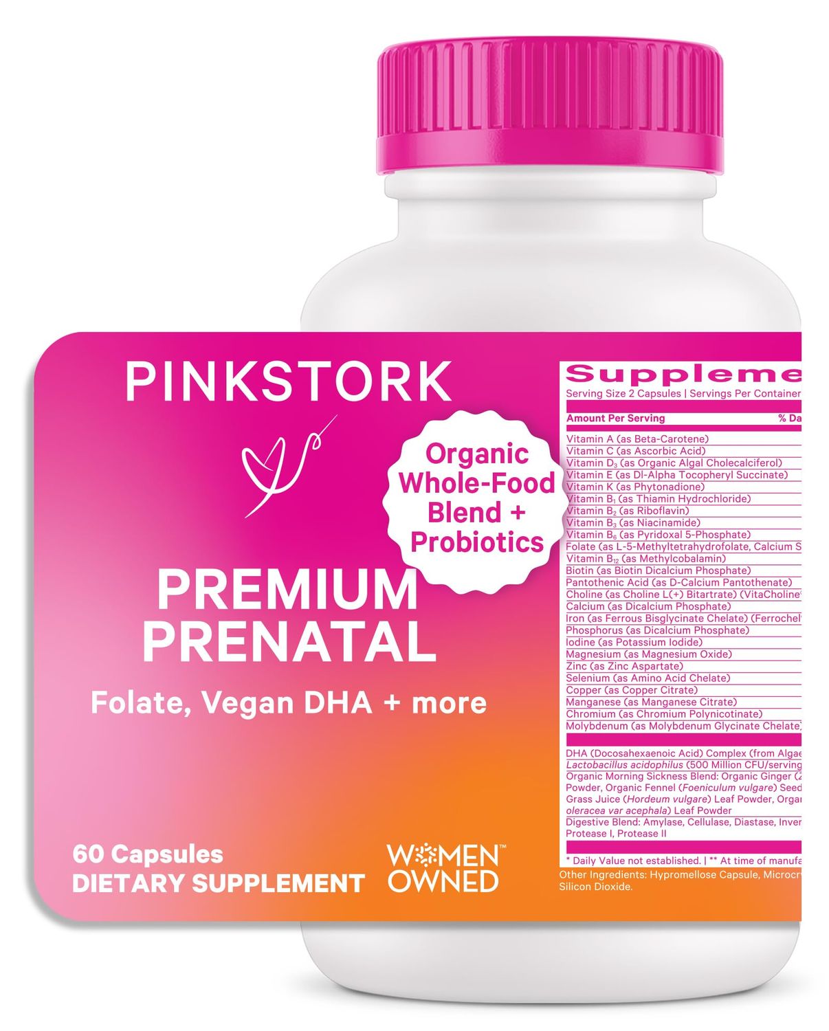 Pink Stork Premium Prenatal Vitamin for Women - Organic Whole-Food Ingredients, Multivitamin &amp; Probiotics - Morning Sickness, Digestion, &amp; Energy - Folate, B6, &amp; Iron - 60 Capsules