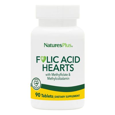 Natures Plus Folic Acid Hearts (Methylfolate) - 400 mcg, 90 Vegetarian Tablets - with Vitamin B6 &amp; Vitamin B12 (as Methylcobalamin) - Gluten-Free - 90 Servings