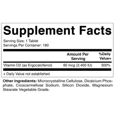 Vitamatic Vitamin D2 60 mcg (2400 IU) - Ergocalciferol - 180 Vegetarian Tablets (180 Tablets (Pack of 1)) (1 Bottle)