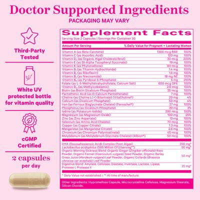 Pink Stork Premium Prenatal Vitamin for Women - Organic Whole-Food Ingredients, Multivitamin &amp; Probiotics - Morning Sickness, Digestion, &amp; Energy - Folate, B6, &amp; Iron - 60 Capsules