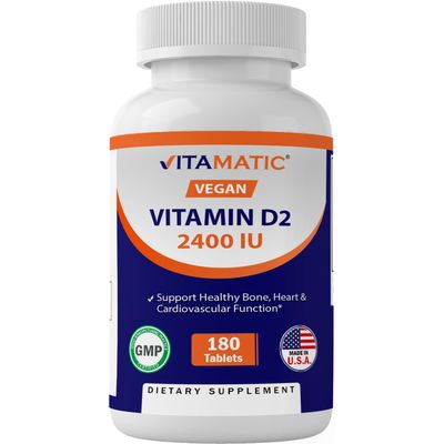 Vitamatic Vitamin D2 60 mcg (2400 IU) - Ergocalciferol - 180 Vegetarian Tablets (180 Tablets (Pack of 1)) (1 Bottle)