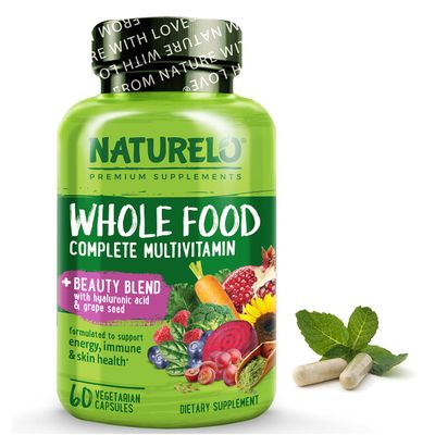 NATURELO Whole Food Multivitamin with Extra Hair, Skin and Nails Support - Beauty Blend with Hyaluronic Acid &amp; Grape Seed - High Potency Biotin, Vitamin C, and Glutathione - 60 Vegan Capsules