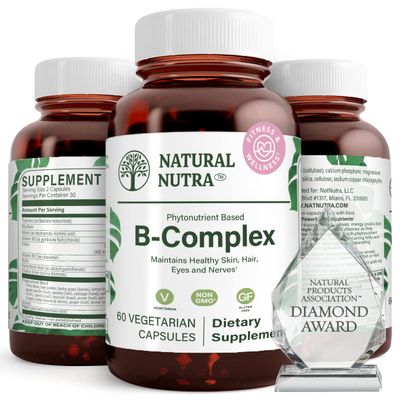 Natural Nutra Vitamin B Complex with Niacin, Folate, Thiamin, Biotin, Supports Nervous System Health, Skin, Eyes and Hair Health, Whole Food Supplement, 60 Vegetarian Capsules