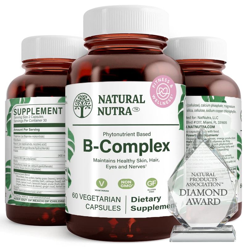 Natural Nutra Vitamin B Complex with Niacin, Folate, Thiamin, Biotin, Supports Nervous System Health, Skin, Eyes and Hair Health, Whole Food Supplement, 60 Vegetarian Capsules