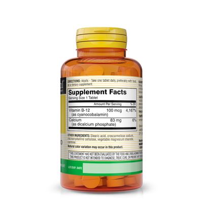 MASON NATURAL Vitamin B12 100 mcg with Calcium - Healthy Conversion of Food into Energy, Supports Nerve Function and Health, 100 Tablets