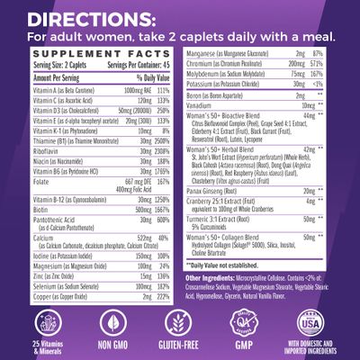 Vitamin World Ultra 360 Multivitamin for Women 50 Plus, Women's 50+ Multivitamin with Minerals &amp; Herbs for Menopause Support, Supplement with Vitamin B, D, E &amp; Zinc for Healthy Aging, 90 Caplets