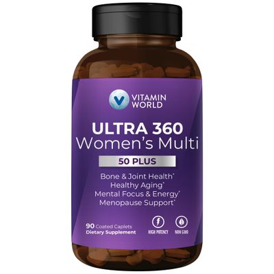 Vitamin World Ultra 360 Multivitamin for Women 50 Plus, Women&#39;s 50+ Multivitamin with Minerals &amp; Herbs for Menopause Support, Supplement with Vitamin B, D, E &amp; Zinc for Healthy Aging, 90 Caplets