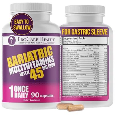 ProCare Health Bariatric Multivitamin with Iron 45mg (90 Easy to Swallow Capsules) - Post Op Bariatric Vitamins for Gastric Bypass Pills for Sleeve Patients, Sustain Recovery &amp; Energy (3 Month Supply)