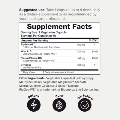 Ultra High Potency 1400mg NAD Supplement - NAD Booster Nicotinamide Riboside Supplement - NAD+ Nicotinamide B3 Blend with D-Ribose, Niacin -with RiaGev - 3rd Party Tested (60 Count (Pack of 1))