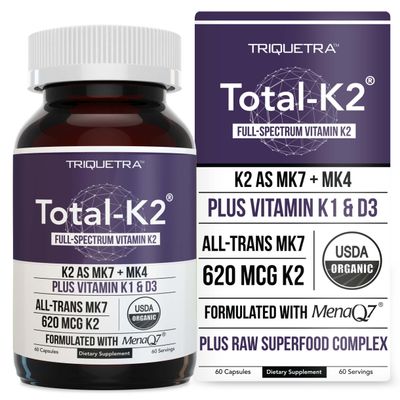 Total K2 | Vitamin K2 as MK7 &amp; MK4 | Plus K1 &amp; Vitamin D3 Cofactor - 620 mcg K2 per Serving - All-Trans MK7 from MenaQ7 - Full-Spectrum Vitamin K - Vegan, Organic Certified (60 Capsules)