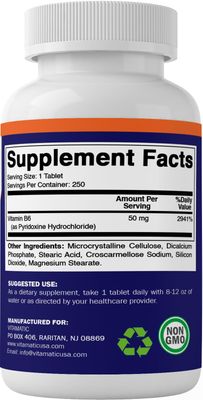 Vitamatic Vitamin B6 (Pyridoxine HCI), 50 mg 250 Vegetarian Tablets - Promotes Energy Production, boosts Metabolism and Immune Health Support