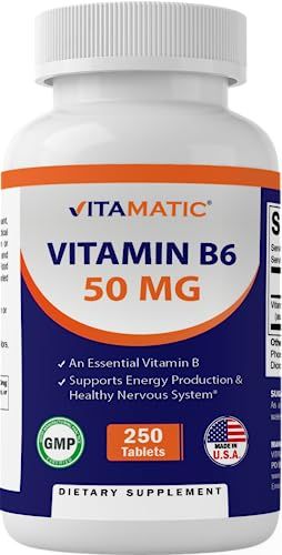 Vitamatic Vitamin B6 (Pyridoxine HCI), 50 mg 250 Vegetarian Tablets - Promotes Energy Production, boosts Metabolism and Immune Health Support