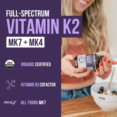 Total K2 | Vitamin K2 as MK7 & MK4 | Plus K1 & Vitamin D3 Cofactor - 620 mcg K2 per Serving - All-Trans MK7 from MenaQ7 - Full-Spectrum Vitamin K - Vegan, Organic Certified (60 Capsules)