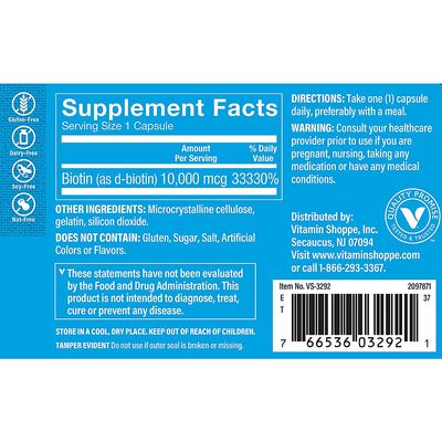 The Vitamin Shoppe Biotin 1,000MCG, Nutrient Metabolism Support for Healthy Vibrant Hair, Healthy Skin &amp; Strong Nails, Energy Production (120 Capsules)