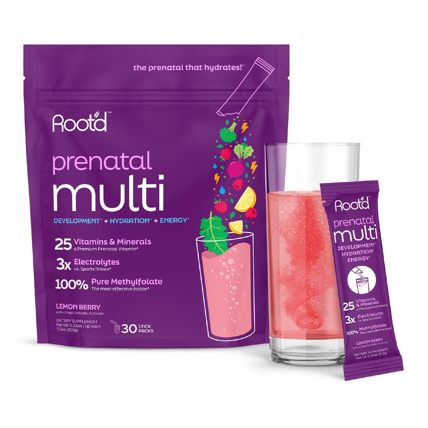 Root&#39;d Prenatal Multivitamin Powder - 25 Vitamins &amp; Minerals with 3x Electrolytes, Folate, Iron, D3 for Mom &amp; Baby, 7 Superfood &amp; Probiotics, Sugar-Free Vitamins &amp; Hydration | 30 Vitamin Drink Packets