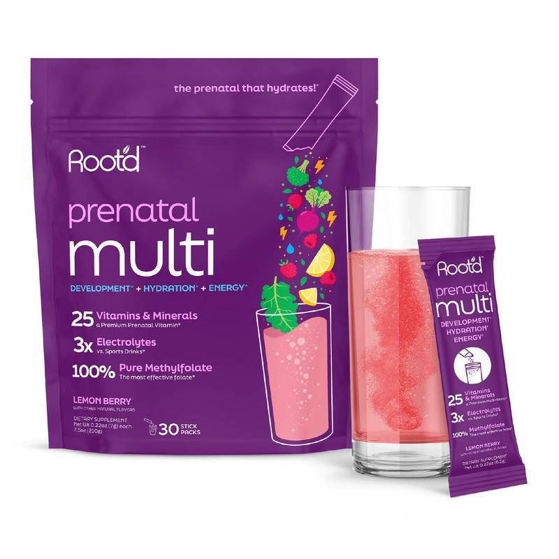 Root'd Prenatal Multivitamin Powder - 25 Vitamins &amp; Minerals with 3x Electrolytes, Folate, Iron, D3 for Mom &amp; Baby, 7 Superfood &amp; Probiotics, Sugar-Free Vitamins &amp; Hydration | 30 Vitamin Drink Packets