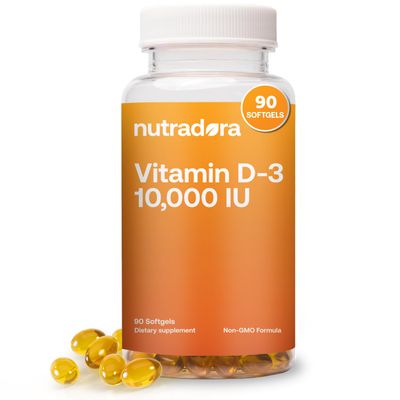 Nutradora D3 Vitamin 10000 IU Softgels 250 MCG - Vitamin D Supplements for Women and Men with Immune Support &amp; Bone Health, Non-GMO, Olive Oil, 90 Softgel Capsules