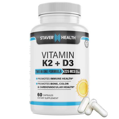 Staver Health Vitamin K2 D3 w/Calcium and Bioperine, Vitamin K2 (MK7) with D3 Supplement Non-GMO, Vitamin D3, Vitamin K2 MK-7 Easy to Swallow Vitamin D &amp; K Complex, 60 Capsules