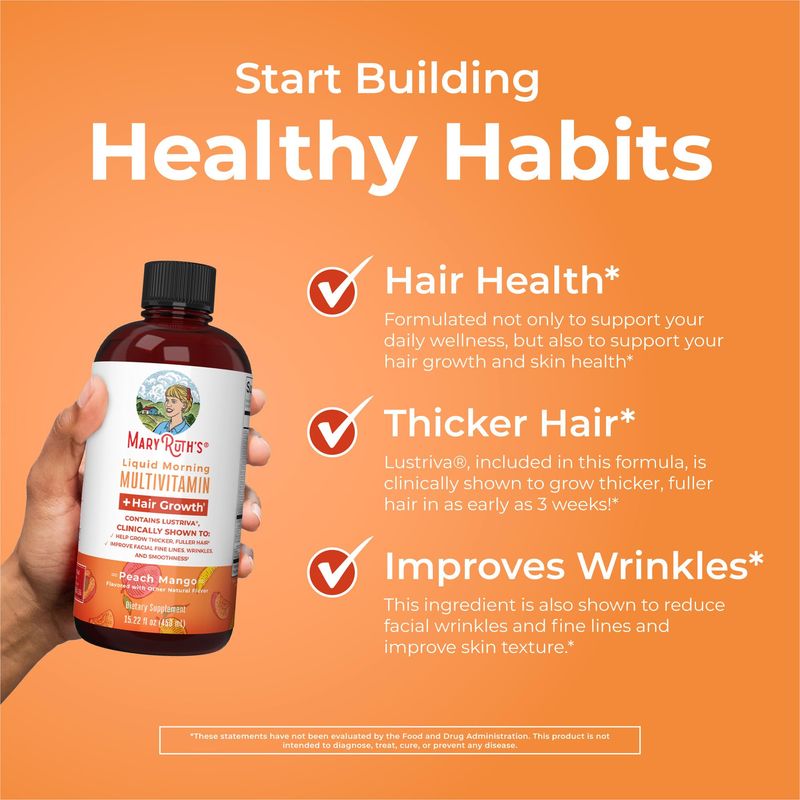 MaryRuth's Liquid Multivitamin + Lustriva Hair Growth for Women| Biotin 10000mcg | Vitamin D | B Vitamins |Clinically Tested for Thicker Hair, Wrinkles, Fine Lines, Skin Care| Ages 18+ | 15.22 Fl Oz