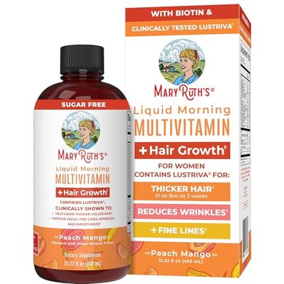 MaryRuth&#39;s Liquid Multivitamin + Lustriva Hair Growth for Women| Biotin 10000mcg | Vitamin D | B Vitamins |Clinically Tested for Thicker Hair, Wrinkles, Fine Lines, Skin Care| Ages 18+ | 15.22 Fl Oz
