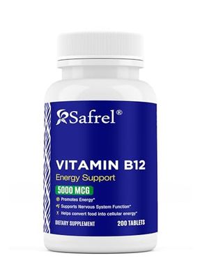 Safrel Vitamin B12 5000 mcg per Tablet, 200 Days Supply, Supplement for Energy, Metabolism and Nervous System Health Support, Vegan, Gluten Free and Dye Free | Made in USA