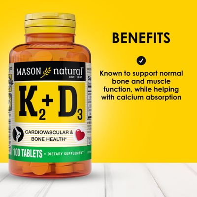MASON NATURAL Vitamin K2 + D3, 300-Day Supply, with Calcium for Normal Bone and Muscle Support, 100 Tablets (Pack of 3)