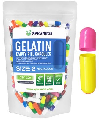 XPRS Nutra Size 2 Empty Capsules - 100 Count Empty Gelatin Capsules - Empty Pill Capsules - DIY Capsule Filling - Pure Bovine Pill Capsules Empty Gel Caps (Multi Color)