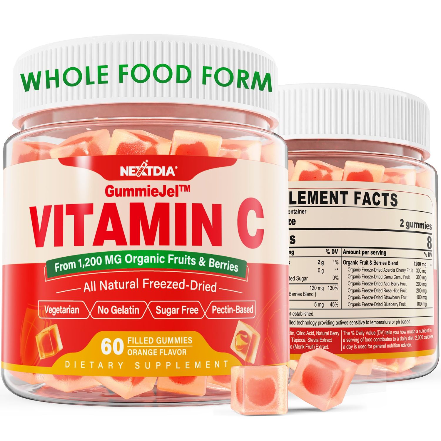(2 Pack) Whole Food Vitamin C Gummies for Adults &amp; Kids, Zero Sugar, Natural Antioxidants, Bioflavonoids, Organic Vitamin C Supplement for Immune &amp; Collagen Support, High Absorption, Vegan, Chewable