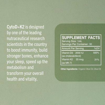 True Cellular Formulas CytoD+K2 1 FL OZ Vitamin D Vitamin K2 Organic Olive Oil Immune Support Drops 30 Servings
