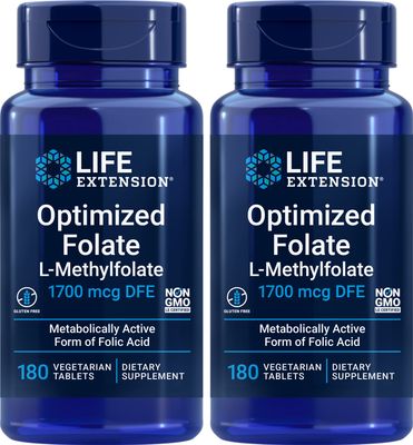 Life Extension Optimized Folate (L-Methylfolate) 1700 mcg DFE, 180 Veg Tablets (Pack of 2)
